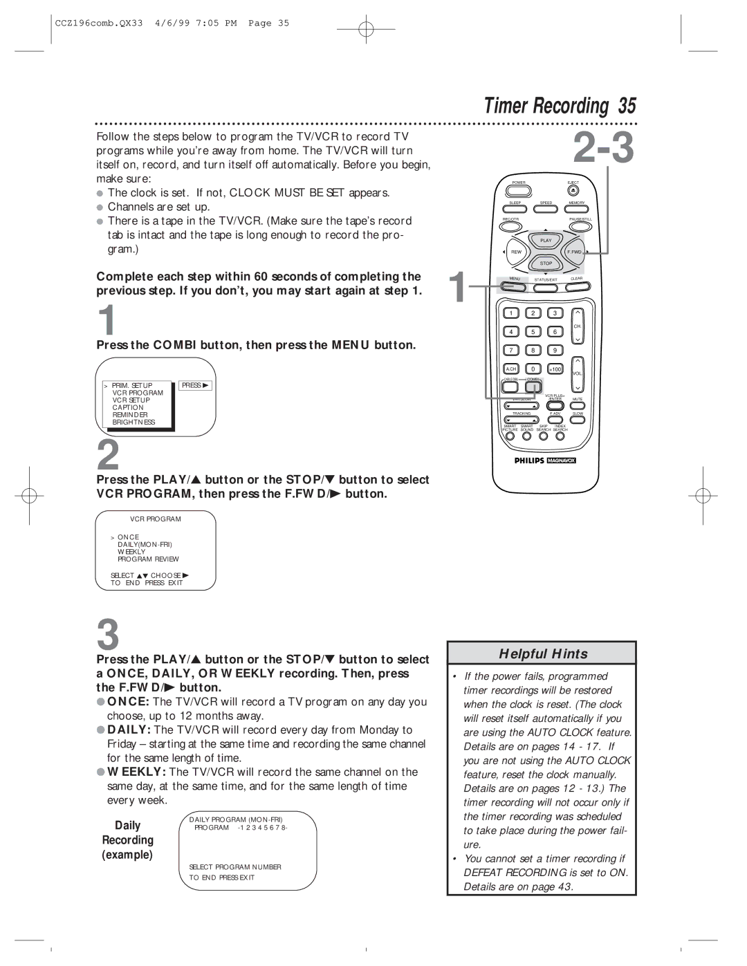 Magnavox CCZ196AT owner manual Timer Recording, Daily 