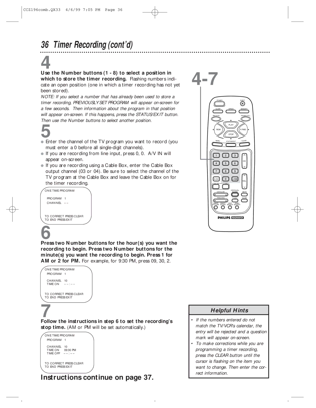 Magnavox CCZ196AT owner manual Timer Recording cont’d, Rect information 