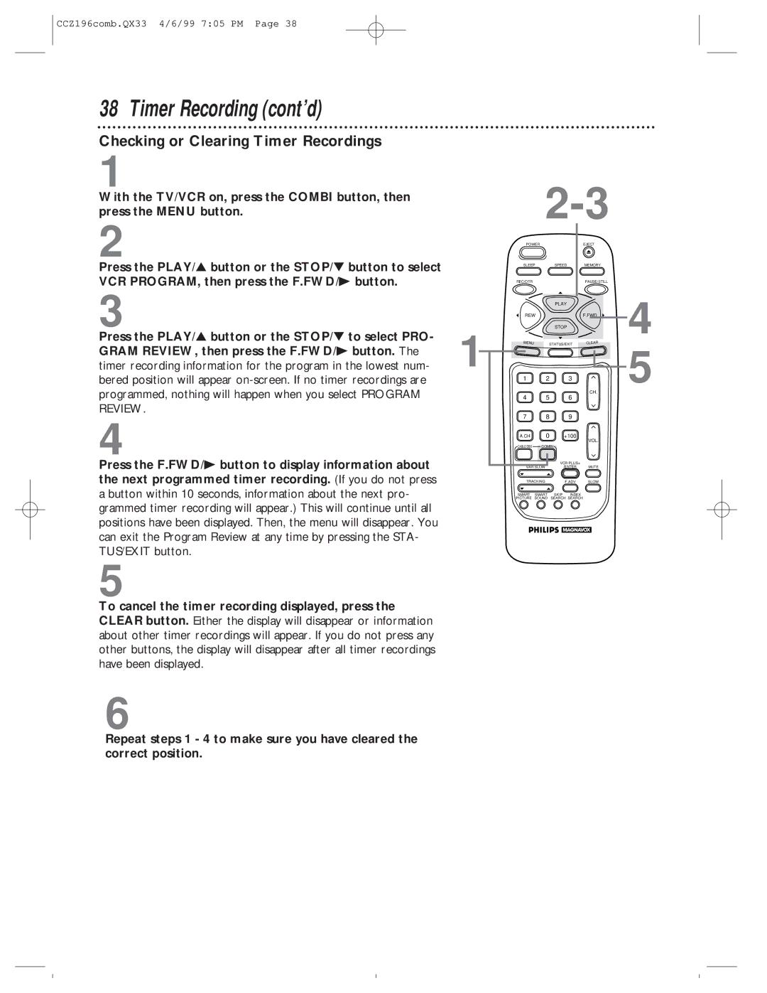 Magnavox CCZ196AT owner manual Checking or Clearing Timer Recordings 