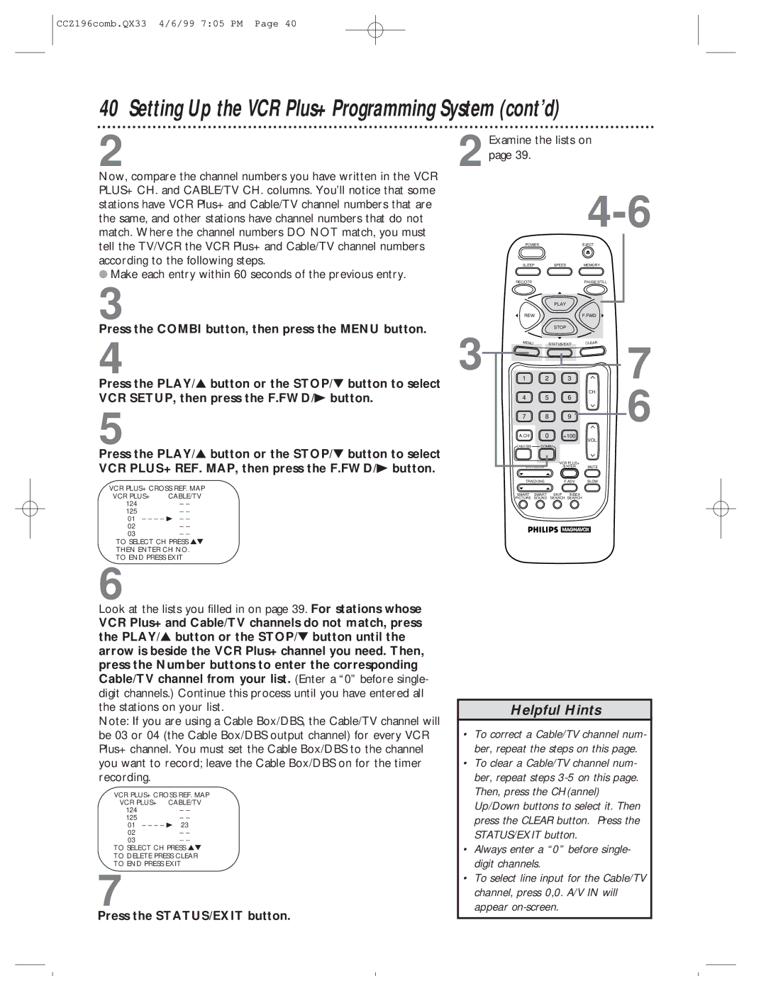 Magnavox CCZ196AT owner manual Setting Up the VCR Plus+ Programming System cont’d 