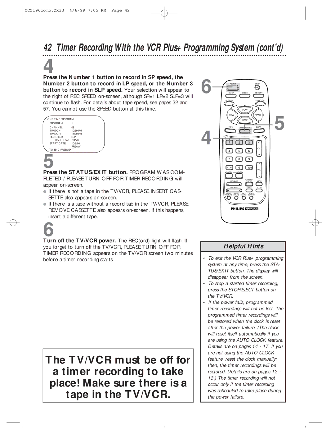 Magnavox CCZ196AT owner manual Timer Recording With the VCR Plus+ Programming System cont’d 