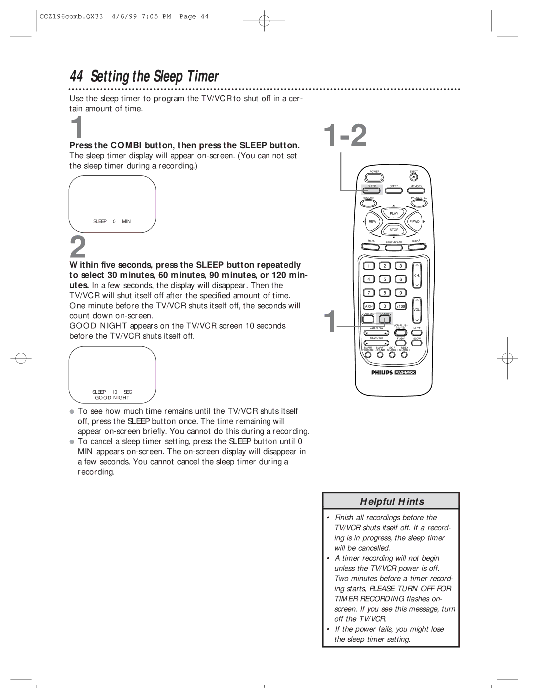 Magnavox CCZ196AT owner manual Setting the Sleep Timer, If the power fails, you might lose Sleep timer setting 