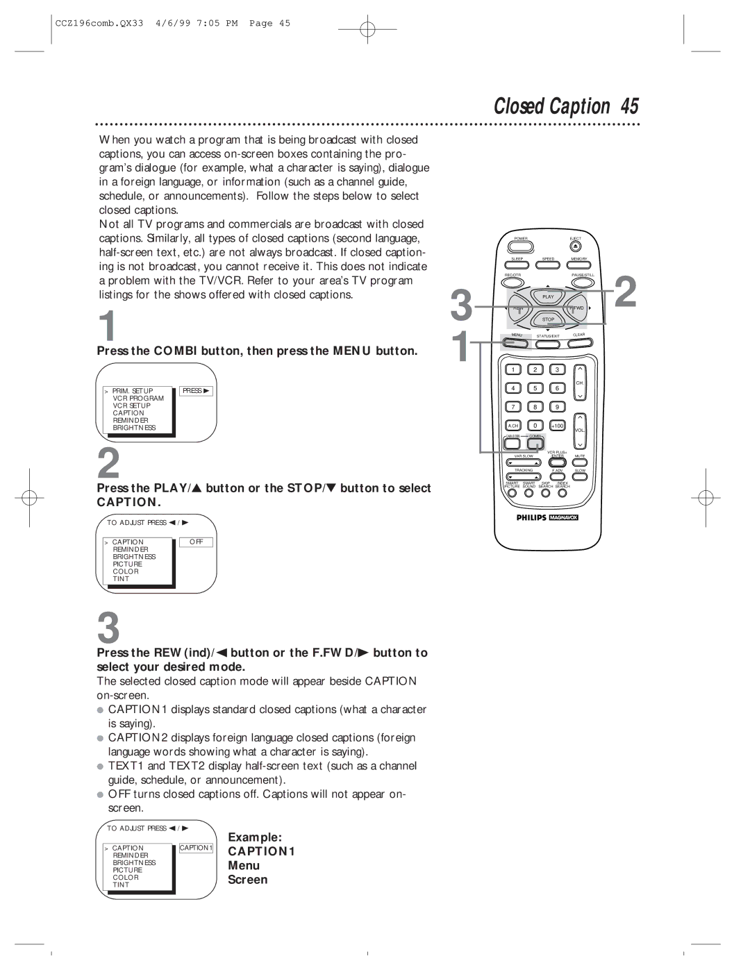 Magnavox CCZ196AT owner manual Closed Caption, Example, Menu, Screen 