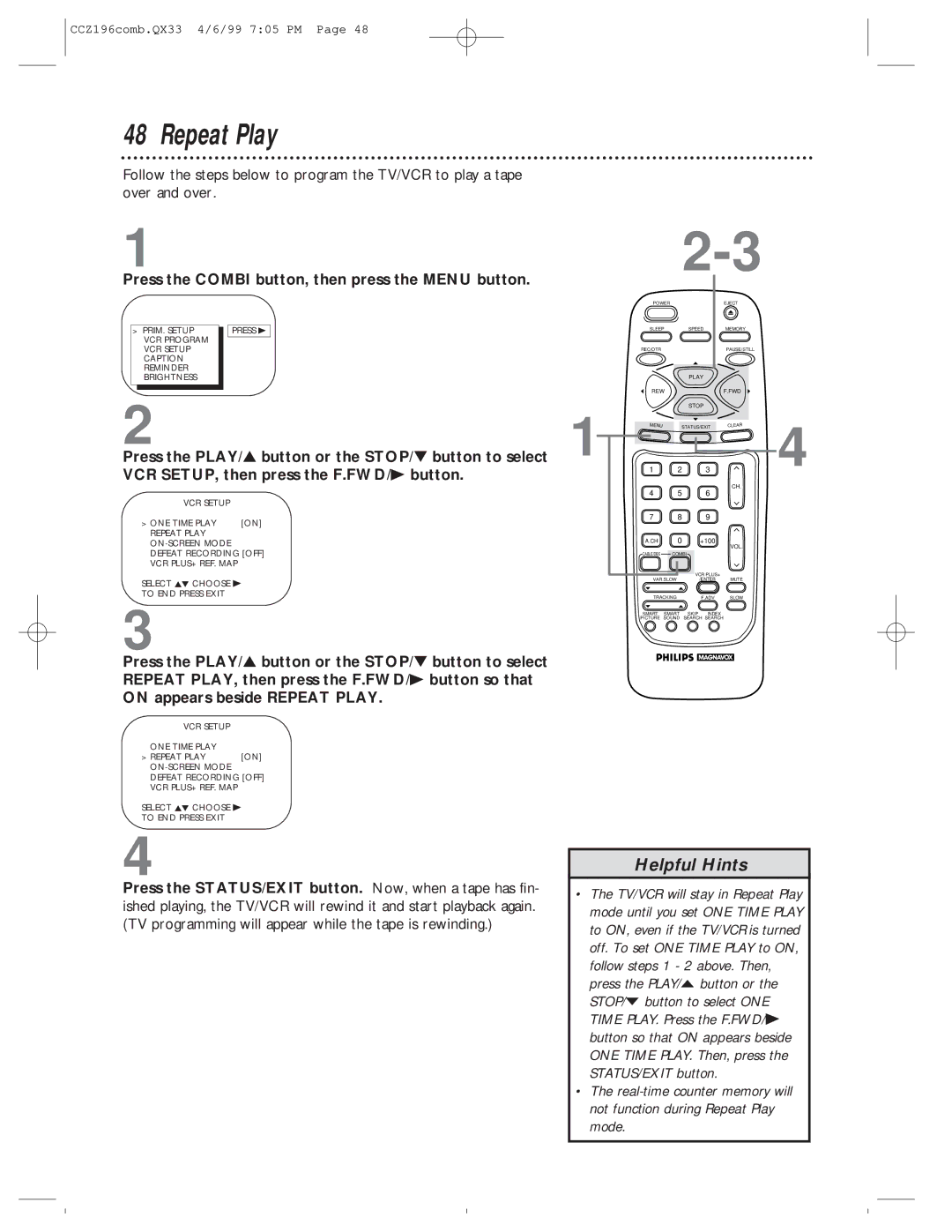 Magnavox CCZ196AT owner manual Repeat Play, Mode 