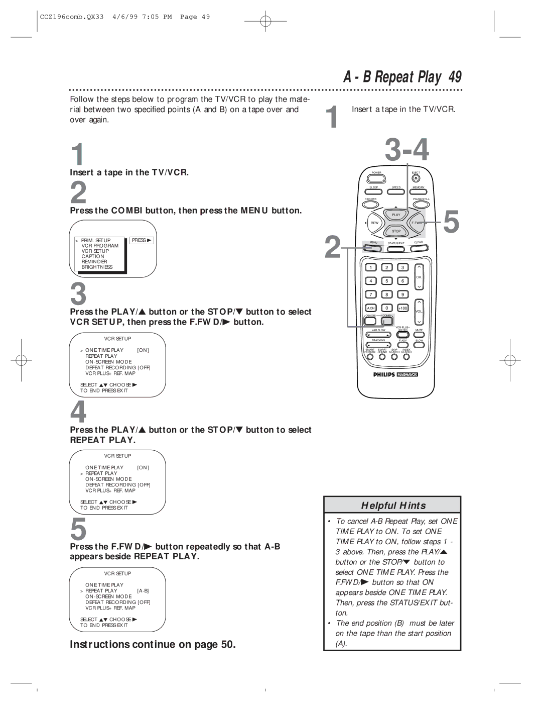 Magnavox CCZ196AT owner manual Instructions continue on, Repeat Play 