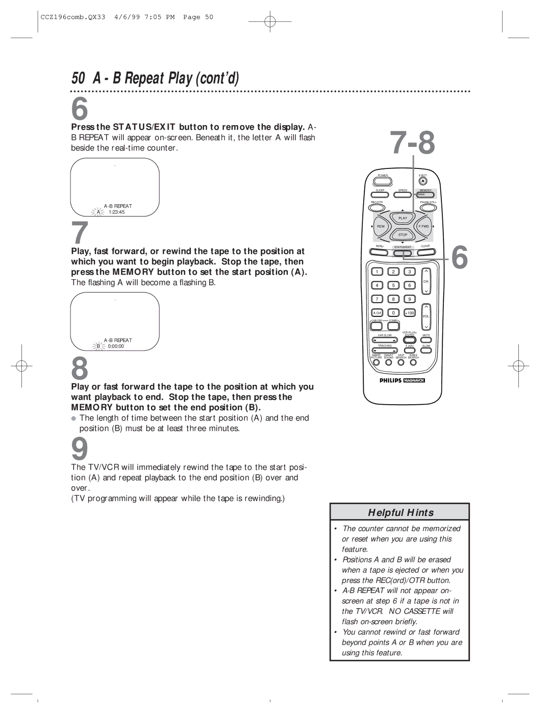 Magnavox CCZ196AT owner manual B Repeat Play cont’d, 00000 