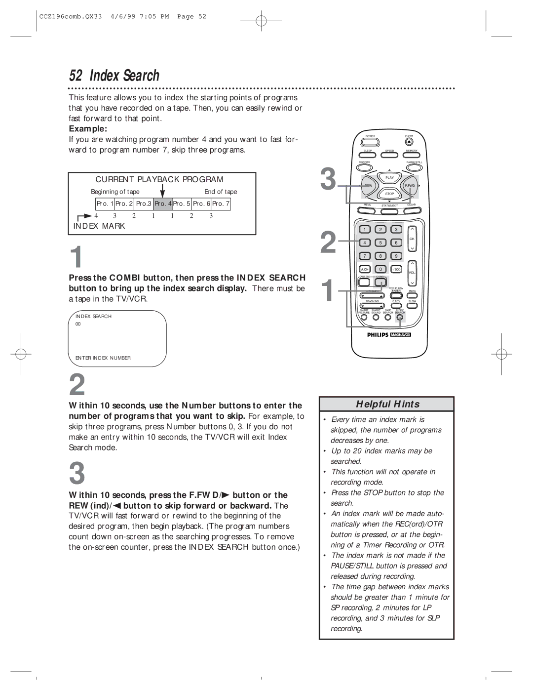 Magnavox CCZ196AT owner manual Index Search, Tape in the TV/VCR 