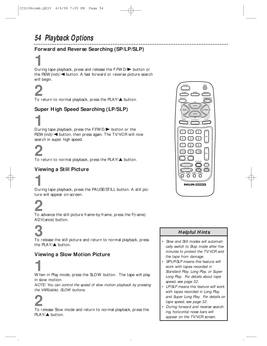 Magnavox CCZ196AT owner manual Playback Options, Forward and Reverse Searching SP/LP/SLP, Super High Speed Searching LP/SLP 