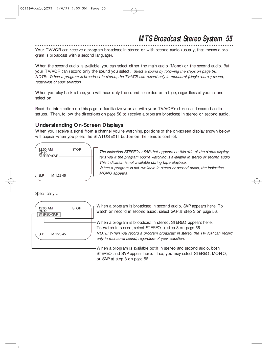 Magnavox CCZ196AT owner manual MTS Broadcast Stereo System, Understanding On-Screen Displays, Specifically… 