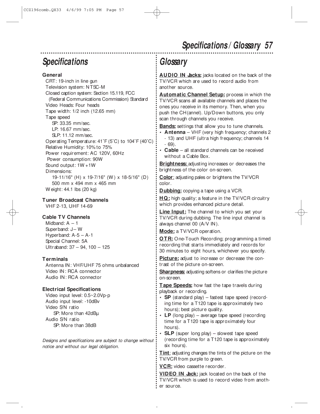 Magnavox CCZ196AT owner manual Specifications, Glossary 