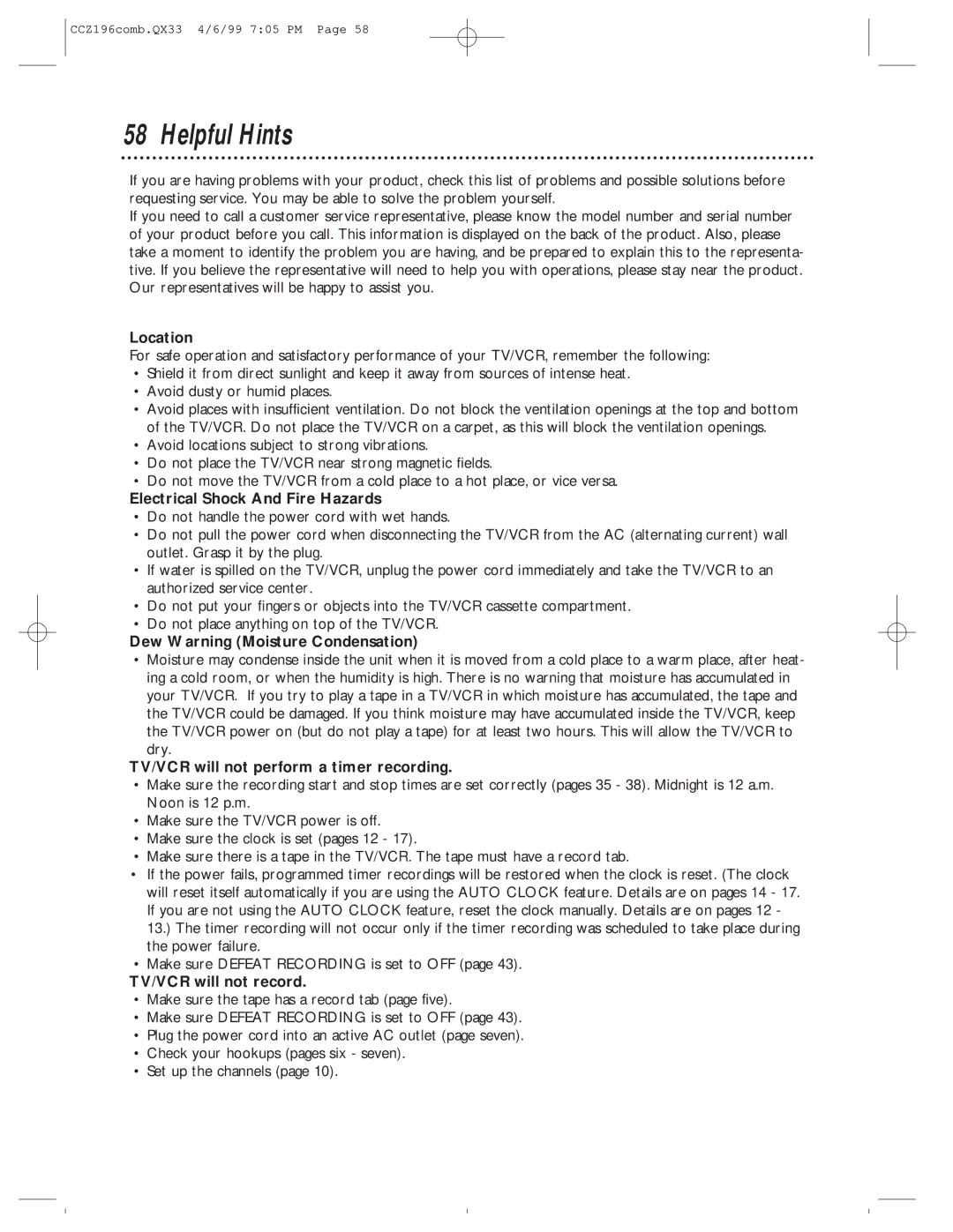 Magnavox CCZ196AT owner manual Helpful Hints 