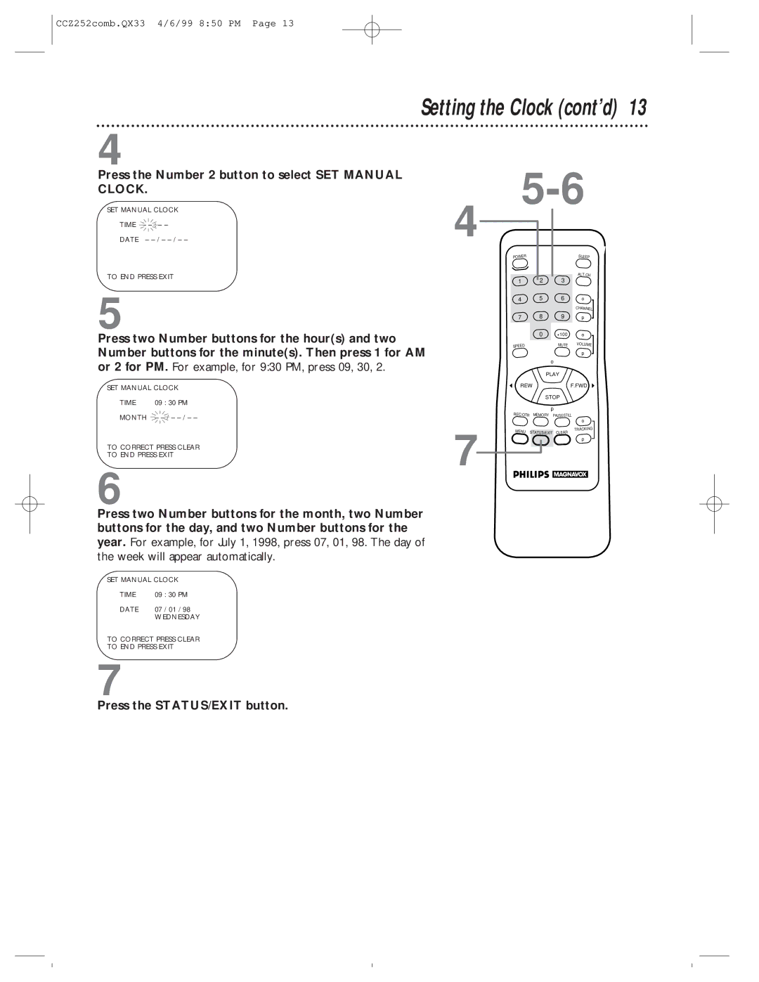 Magnavox CCZ252AT owner manual Setting the Clock cont’d, Press the Number 2 button to select SET Manual Clock 