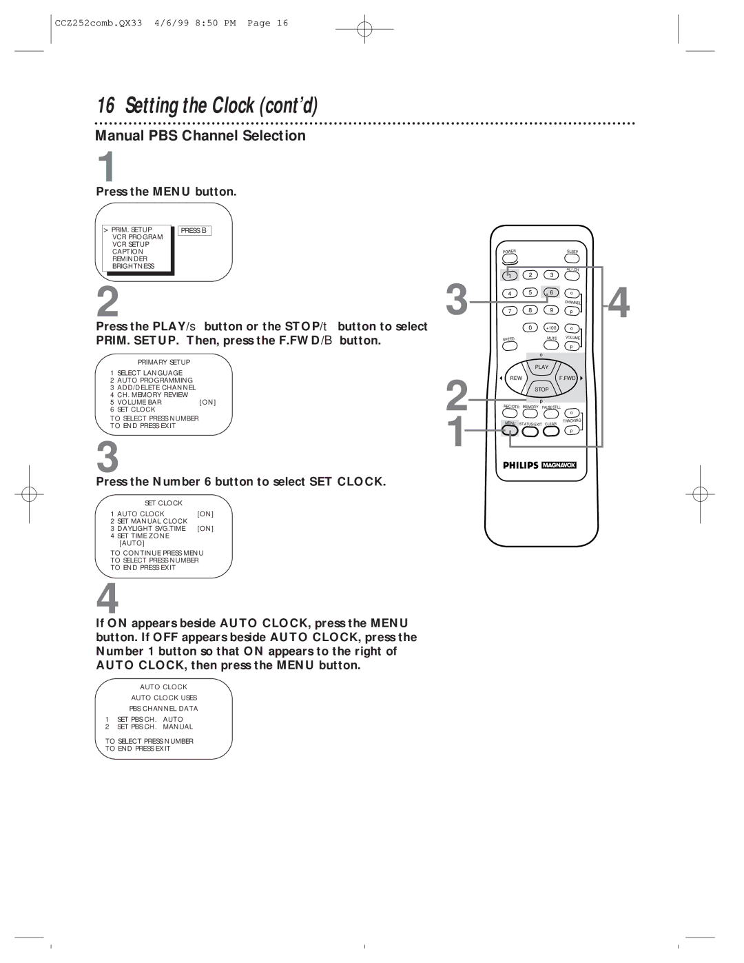 Magnavox CCZ252AT owner manual Manual PBS Channel Selection 