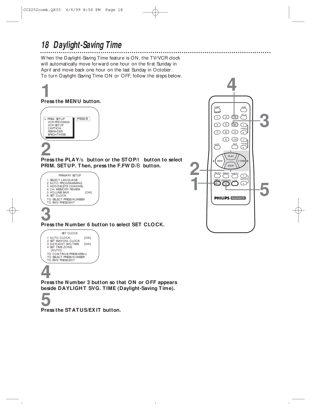 Magnavox CCZ252AT owner manual Daylight-Saving Time 