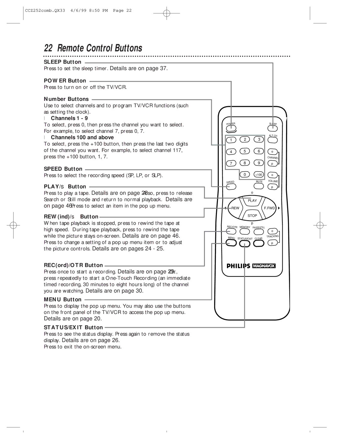 Magnavox CCZ252AT owner manual Remote Control Buttons 