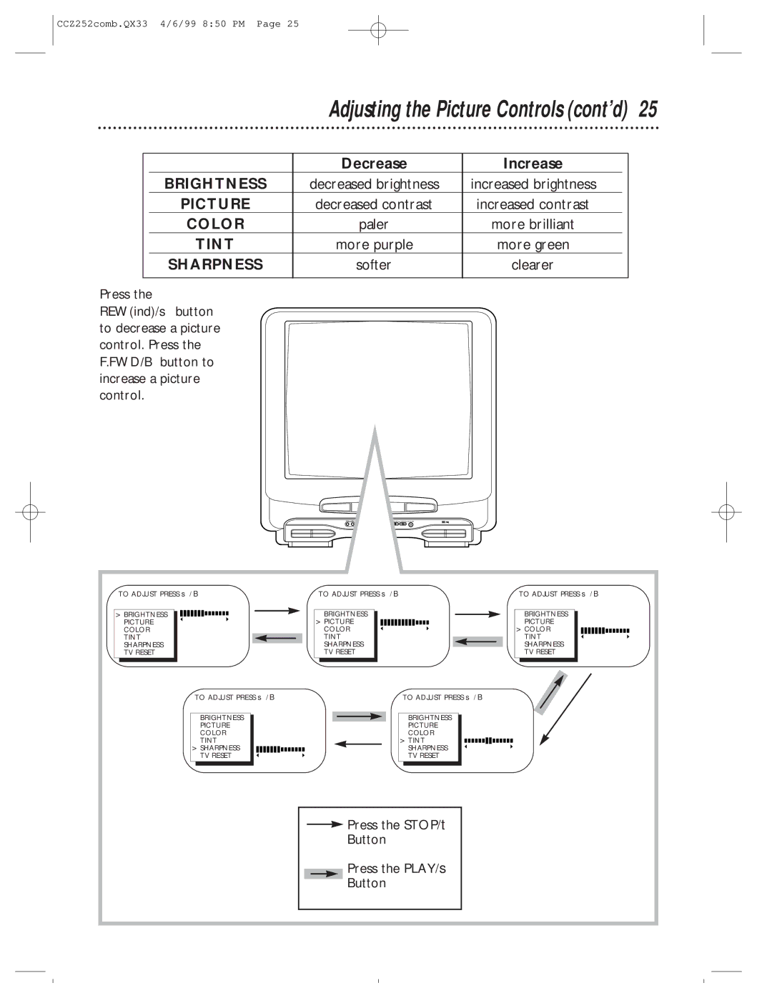 Magnavox CCZ252AT owner manual Adjusting the Picture Controls cont’d, Decrease Increase, More brilliant, Softer 