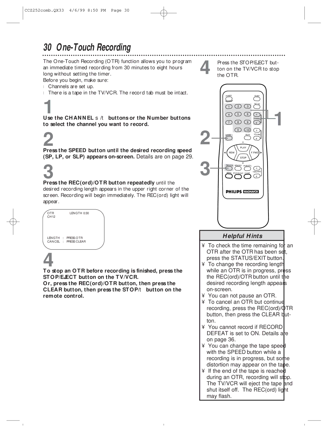 Magnavox CCZ252AT owner manual One-Touch Recording, Otr 