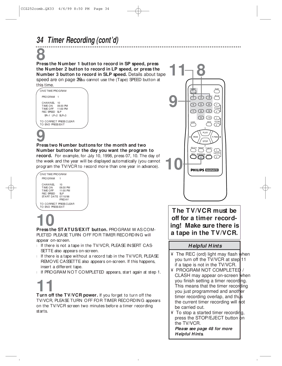 Magnavox CCZ252AT owner manual Please see page 48 for more Helpful Hints 