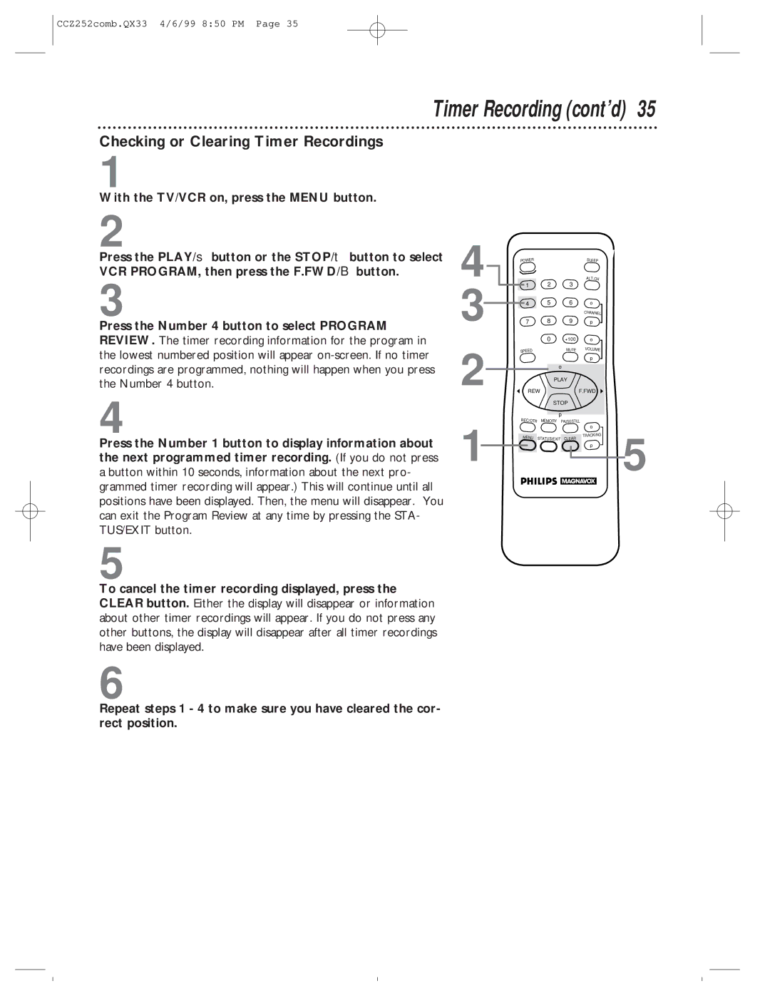 Magnavox CCZ252AT owner manual Checking or Clearing Timer Recordings 