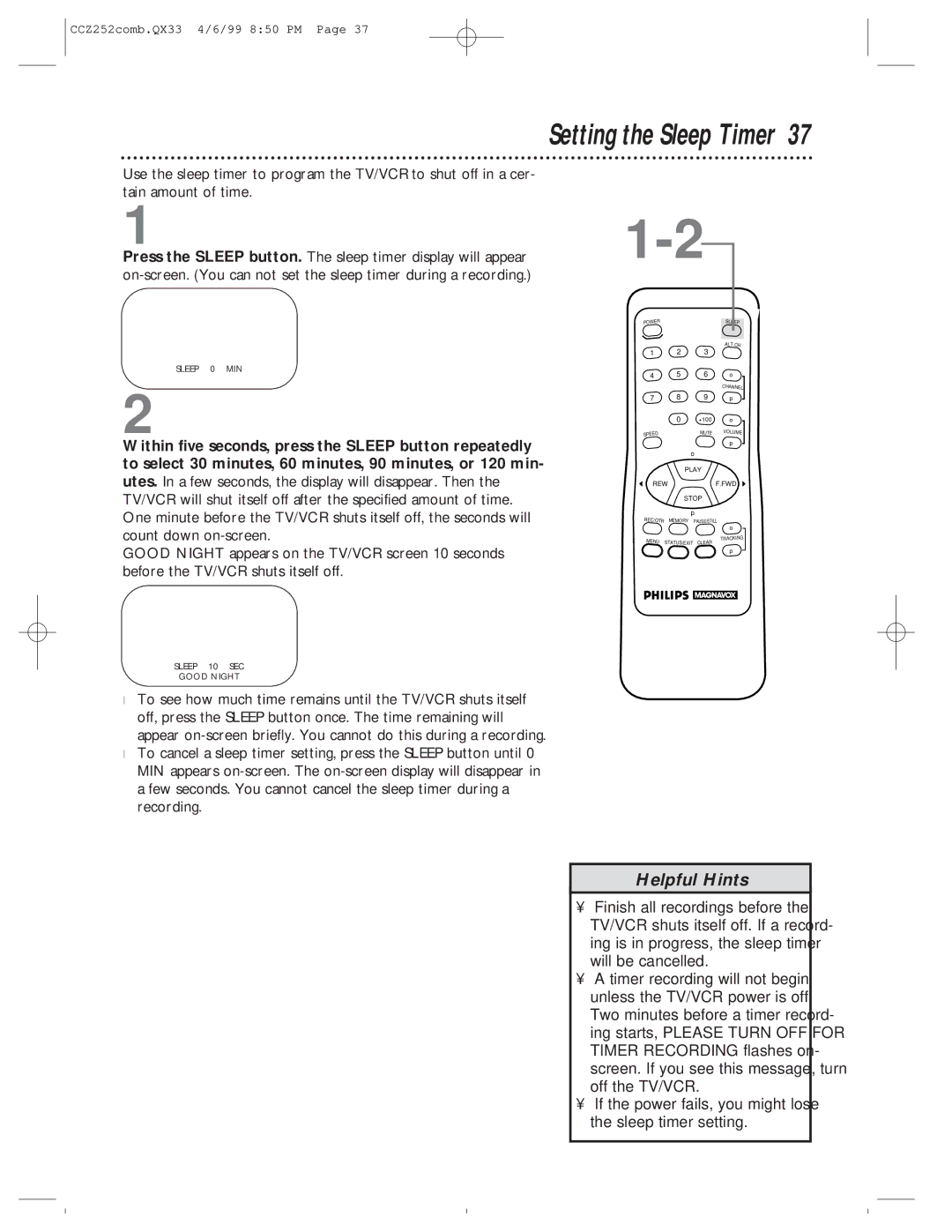 Magnavox CCZ252AT owner manual Setting the Sleep Timer 