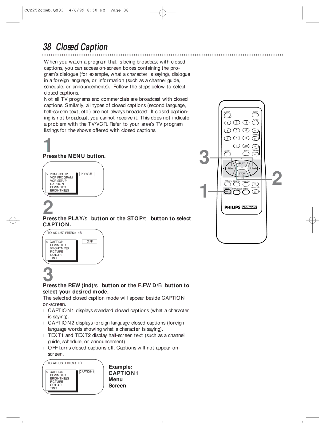 Magnavox CCZ252AT owner manual Closed Caption, CAPTION1 