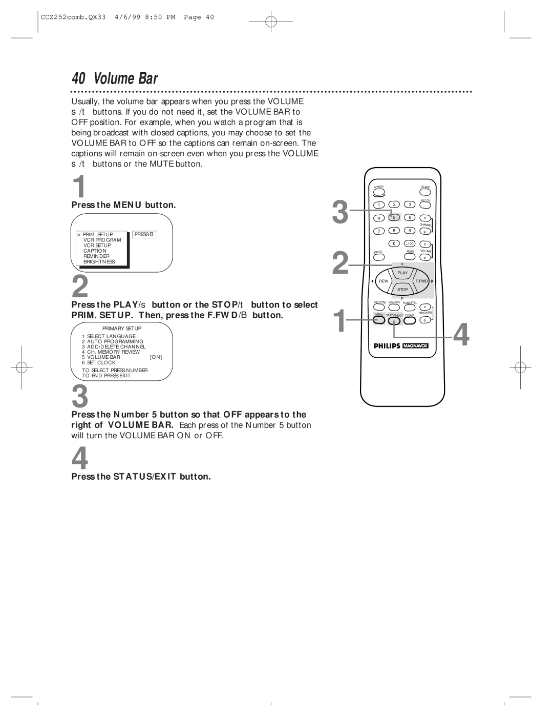 Magnavox CCZ252AT owner manual Volume Bar 