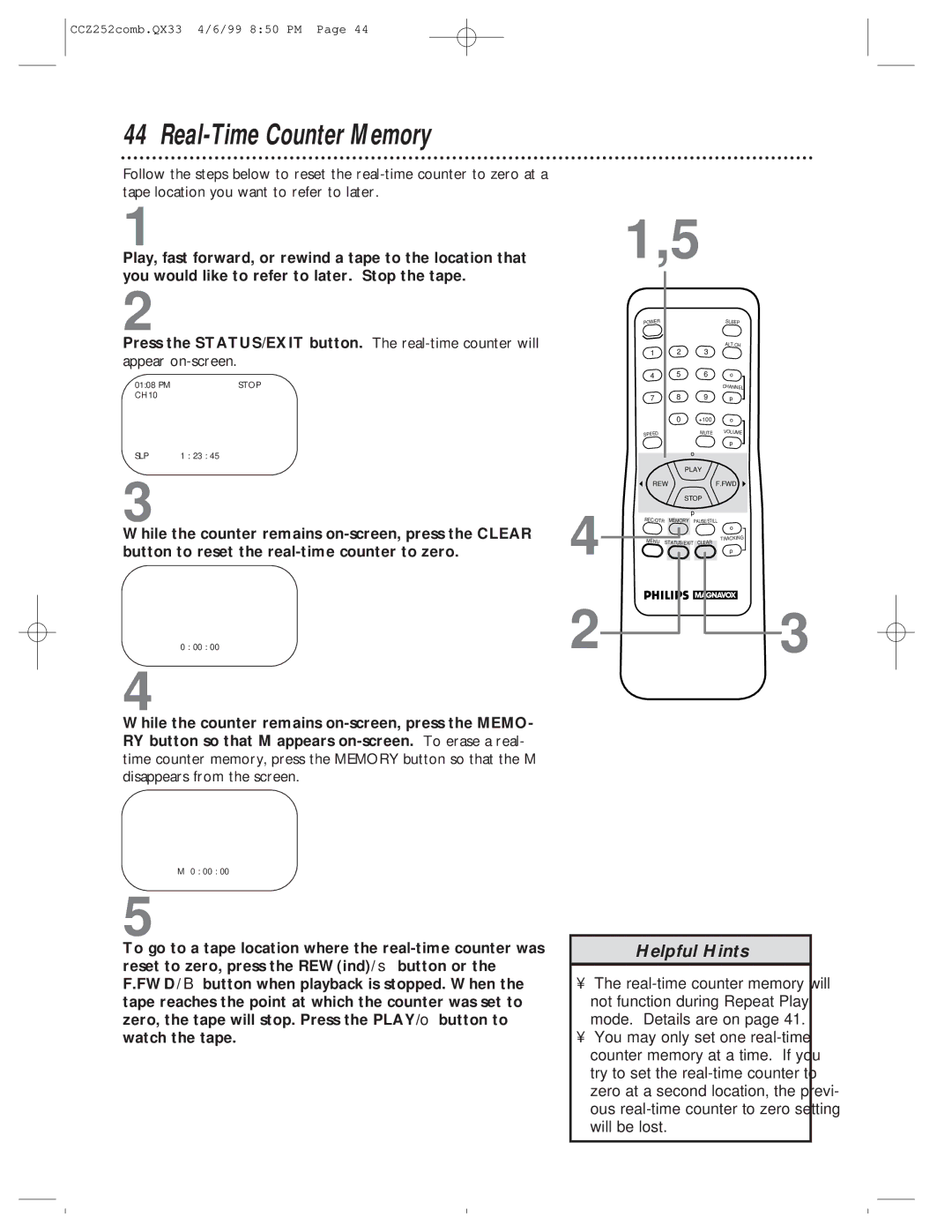 Magnavox CCZ252AT owner manual Real-Time Counter Memory, While the counter remains on-screen, press the Clear 