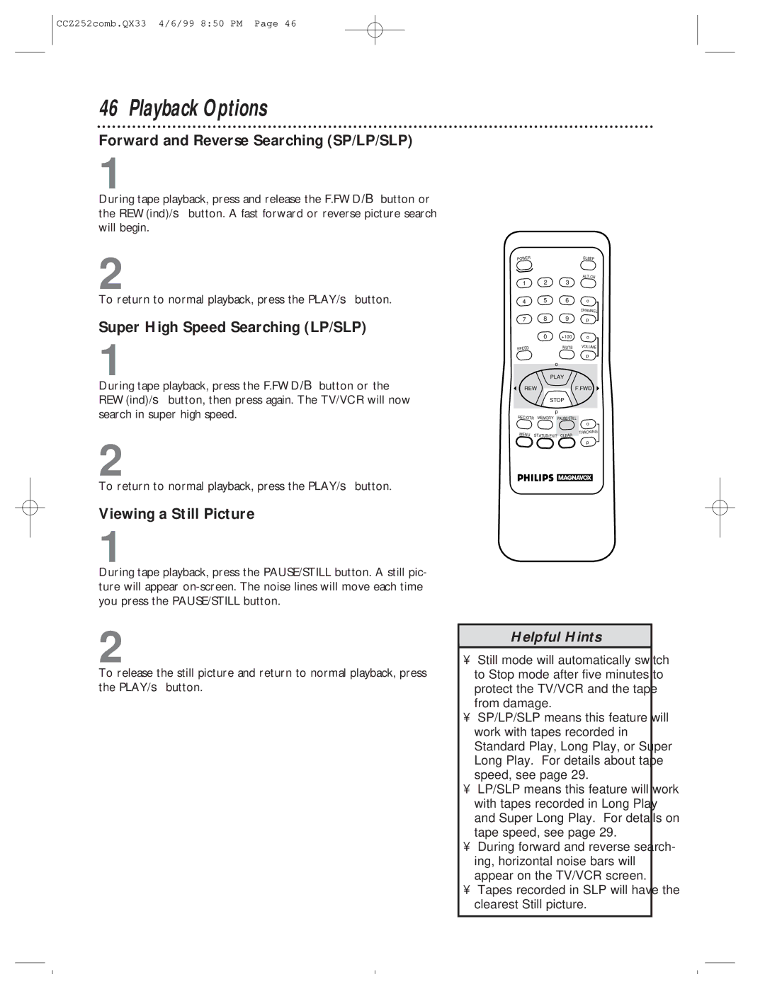 Magnavox CCZ252AT owner manual Playback Options, Forward and Reverse Searching SP/LP/SLP, Super High Speed Searching LP/SLP 