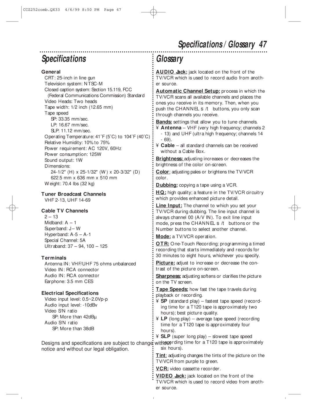 Magnavox CCZ252AT owner manual Specifications, Glossary 