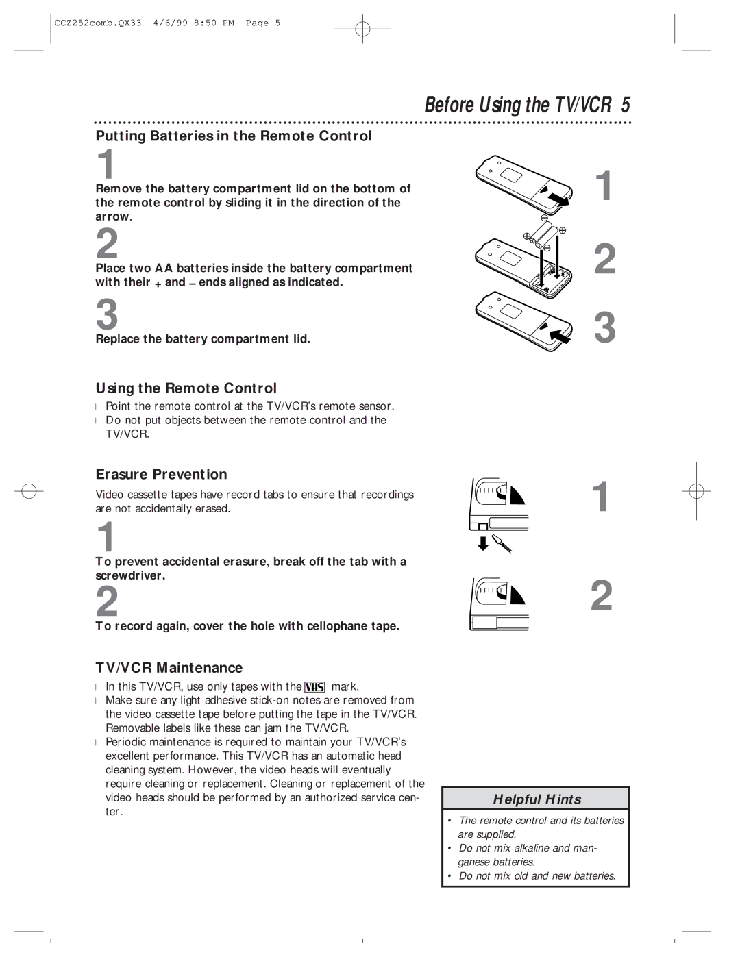 Magnavox CCZ252AT owner manual Before Using the TV/VCR, Putting Batteries in the Remote Control, Using the Remote Control 