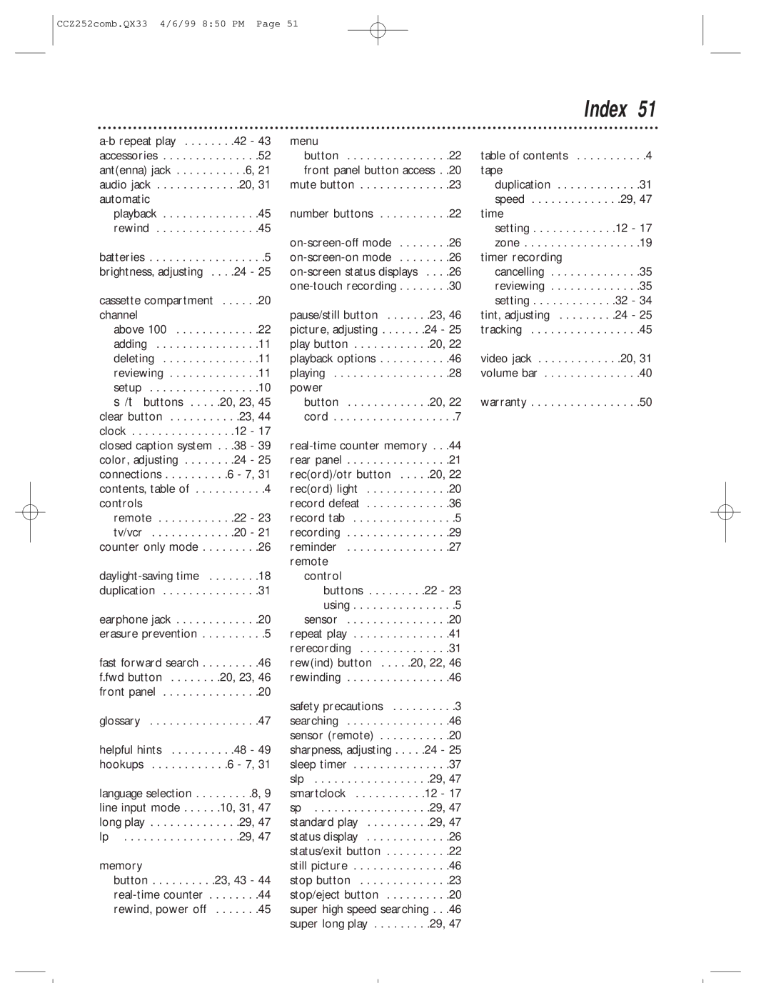 Magnavox CCZ252AT owner manual Index 