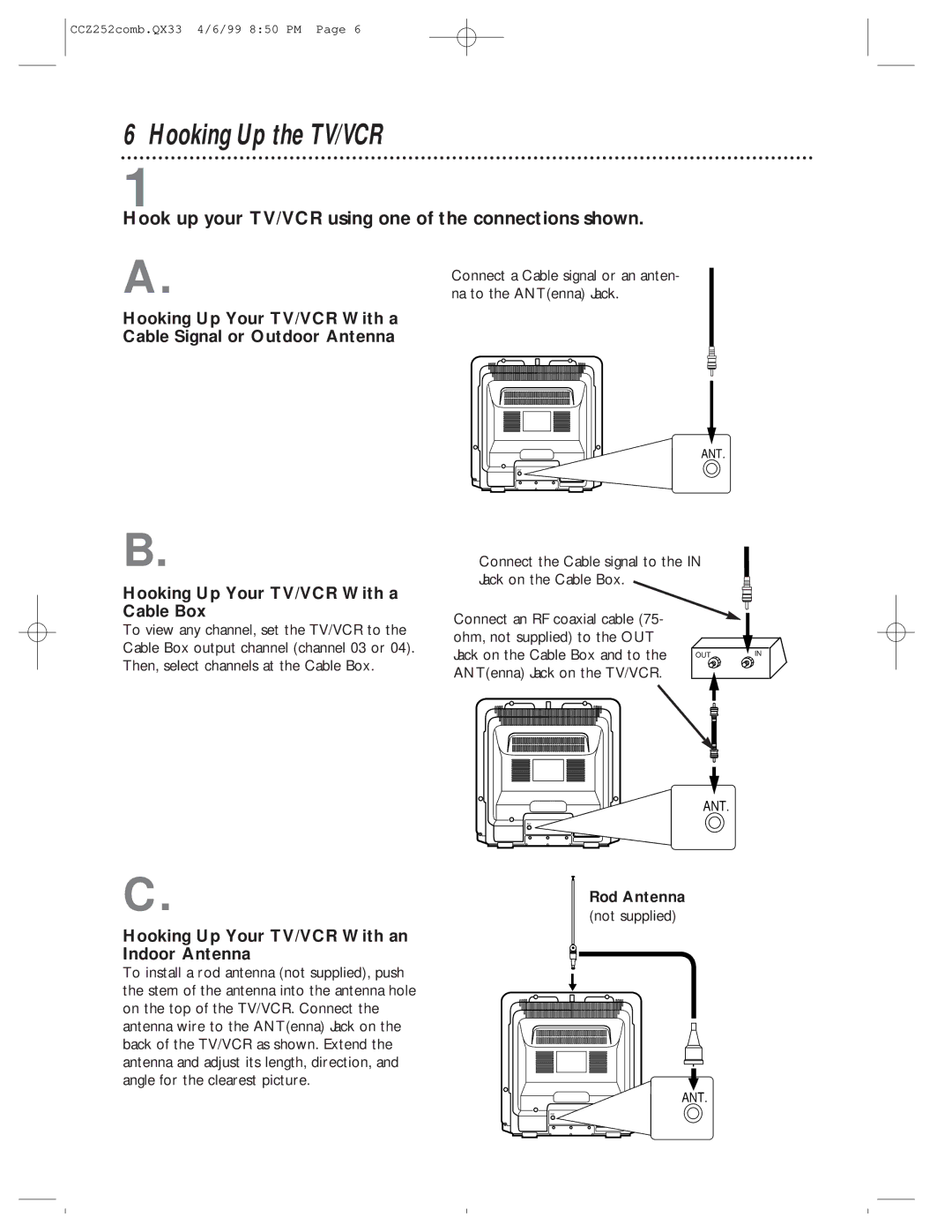 Magnavox CCZ252AT owner manual Hooking Up the TV/VCR, Hook up your TV/VCR using one of the connections shown, Rod Antenna 