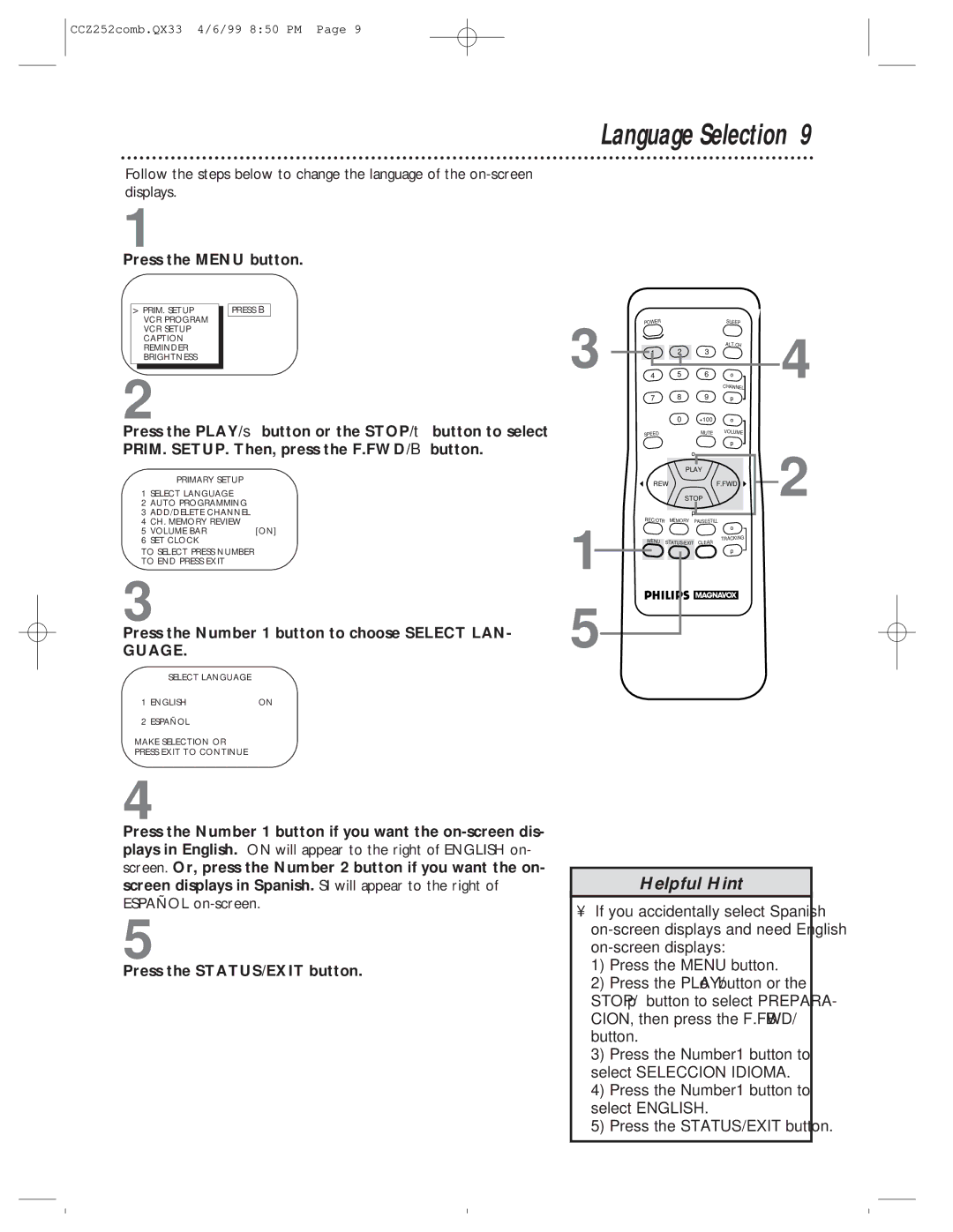 Magnavox CCZ252AT Language Selection, Press the Menu button, Press the Number 1 button to choose Select LAN, Guage 