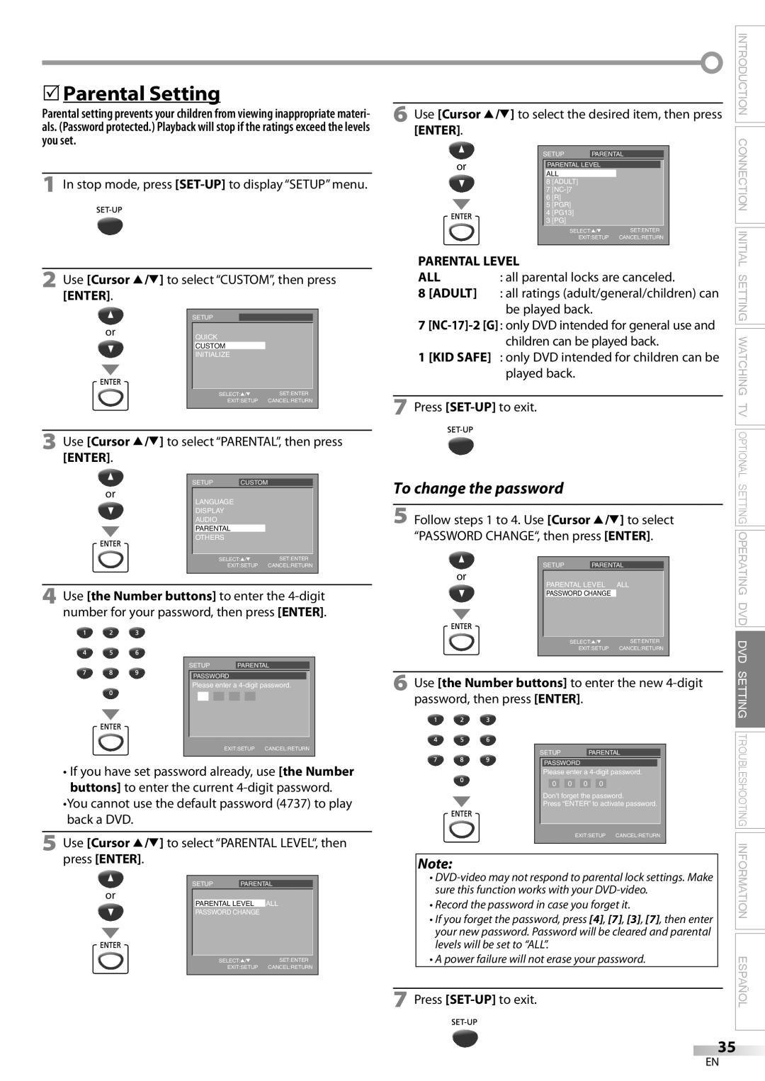 Magnavox CD130MW8 owner manual 5Parental Setting, Use Cursor K/L to select PARENTAL, then press Enter, Parental Level 