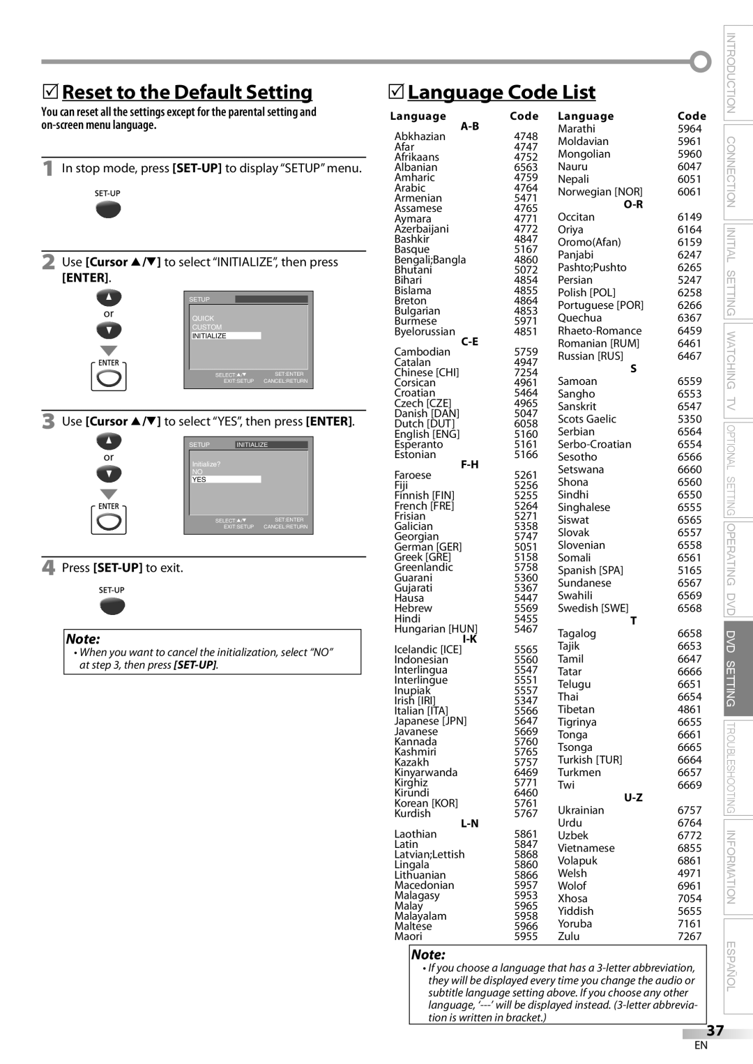 Magnavox CD130MW8 5Reset to the Default Setting 5Language Code List, Use Cursor K/L to select INITIALIZE, then press Enter 