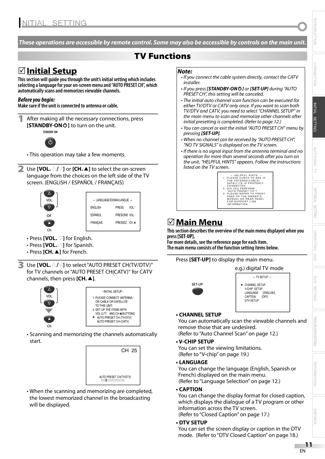 Magnavox CD130MW9 owner manual Initial Setting, TV Functions 5Initial Setup, 5Main Menu 