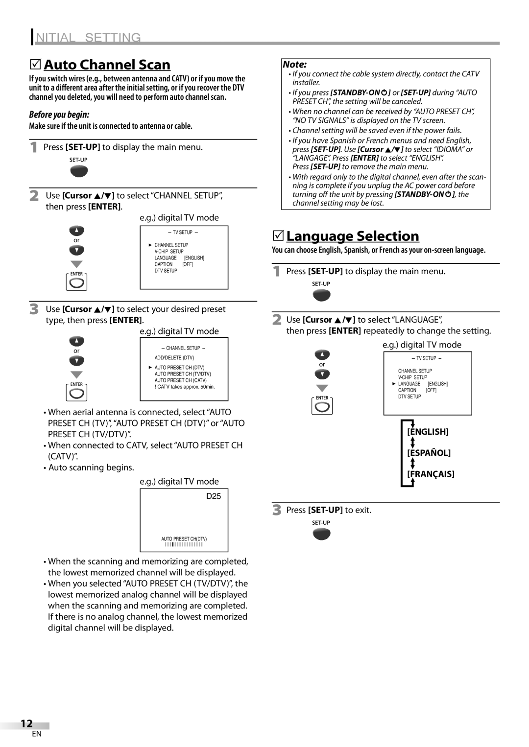 Magnavox CD130MW9 owner manual 5Auto Channel Scan, 5Language Selection, English Español Français, Press SET-UPto exit 