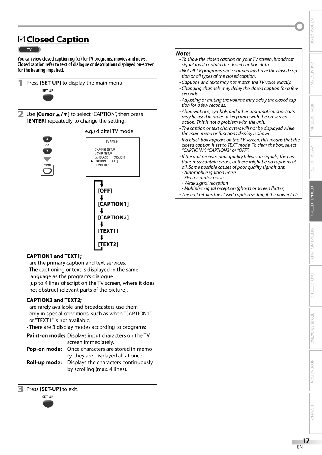 Magnavox CD130MW9 owner manual 5Closed Caption, Press SET-UPto display the main menu, OFF CAPTION1 CAPTION2 TEXT1 TEXT2 