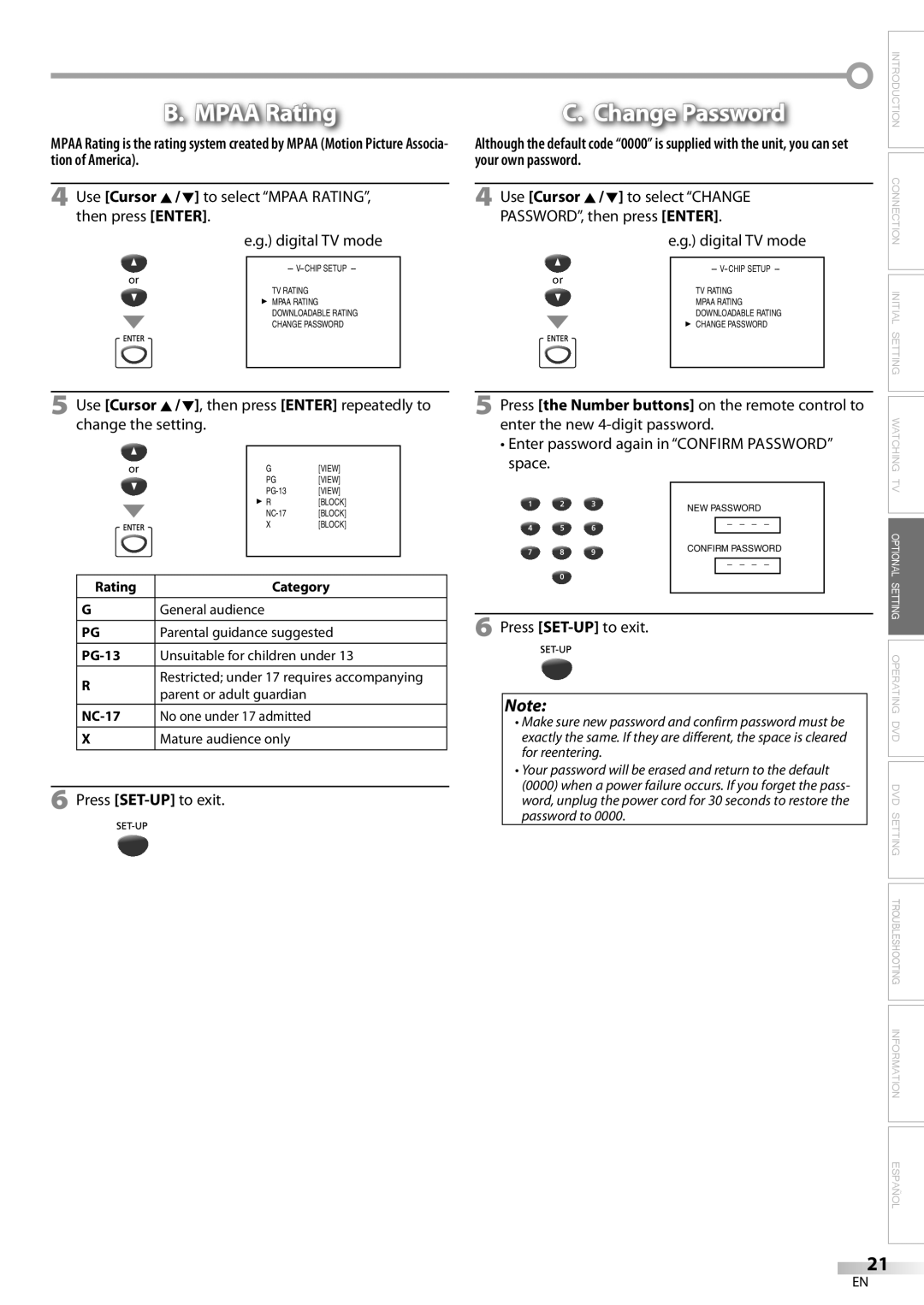 Magnavox CD130MW9 owner manual Mpaa Rating, Change Password, Use Cursor K / L to select Change, Space 