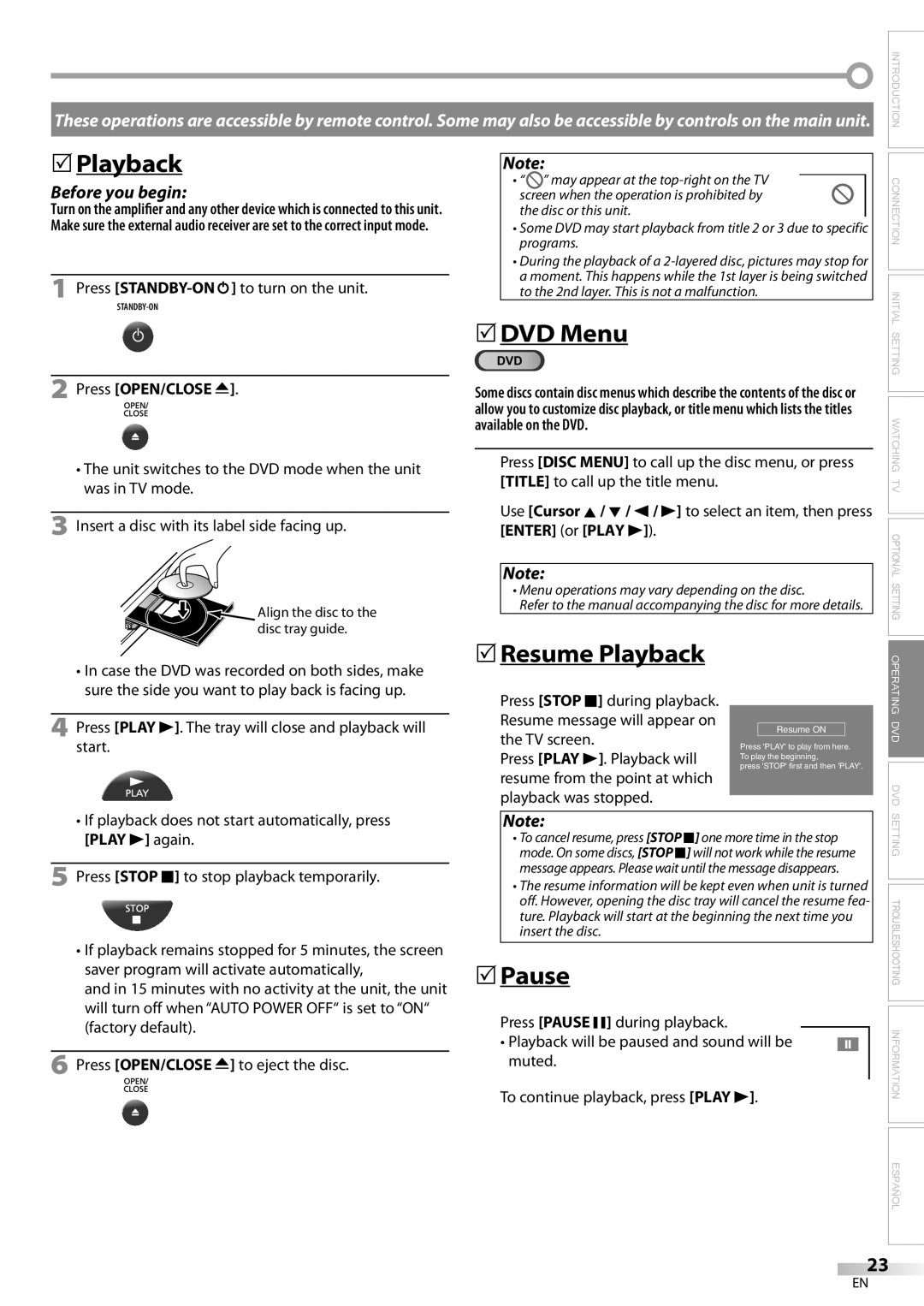 Magnavox CD130MW9 owner manual 5DVD Menu, 5Resume Playback, Pause, Press OPEN/CLOSE a 