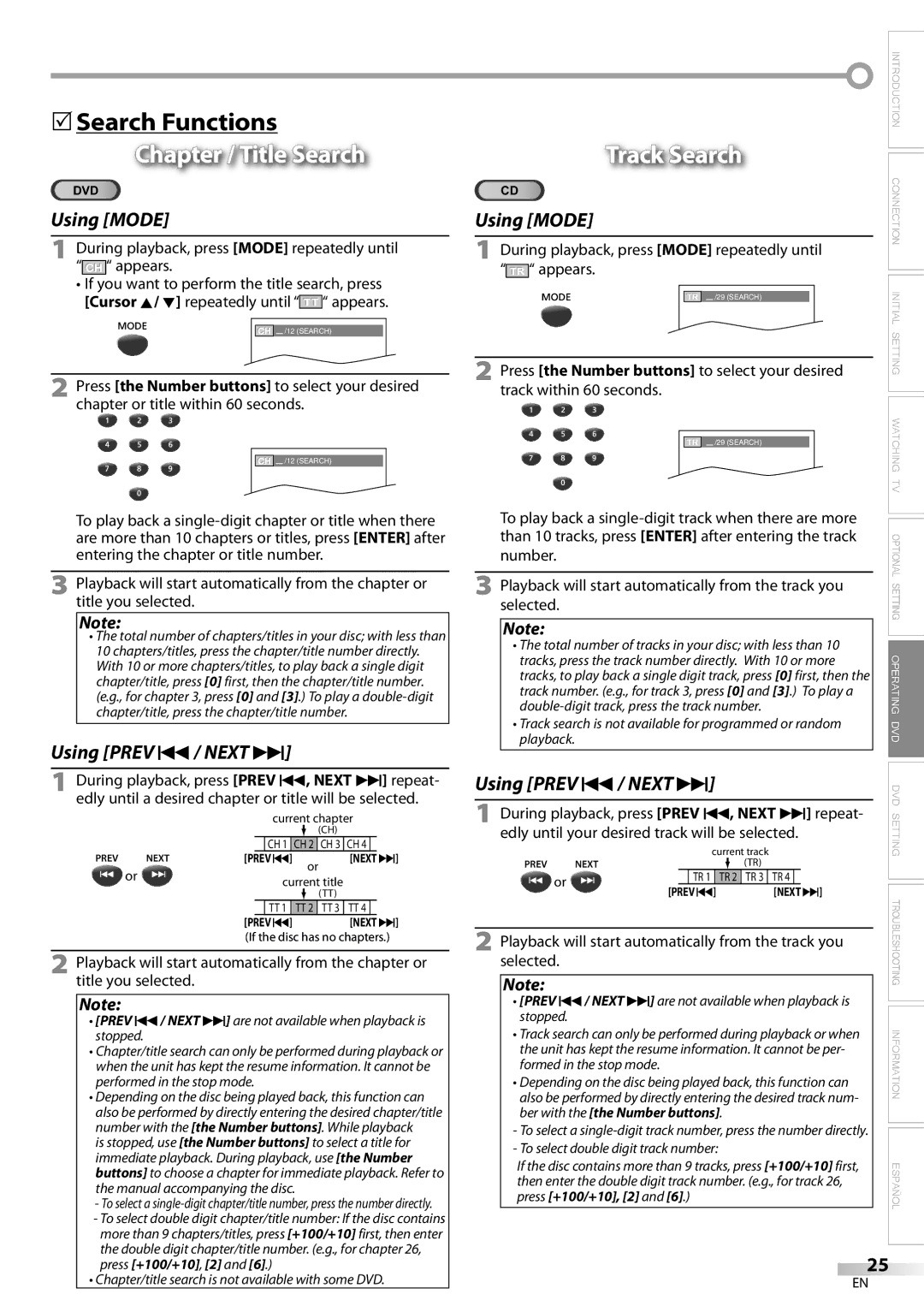 Magnavox CD130MW9 owner manual 5Search Functions, Chapter / Title Search, Track Search 