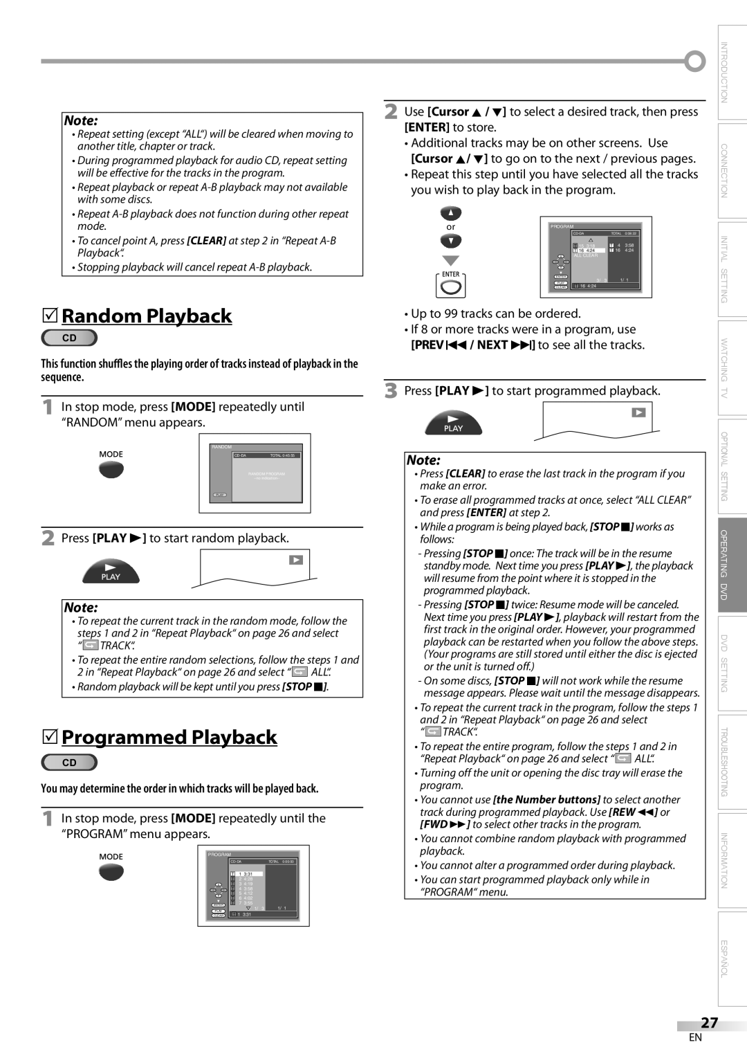 Magnavox CD130MW9 5Random Playback, 5Programmed Playback, Stop mode, press Mode repeatedly until Random menu appears 