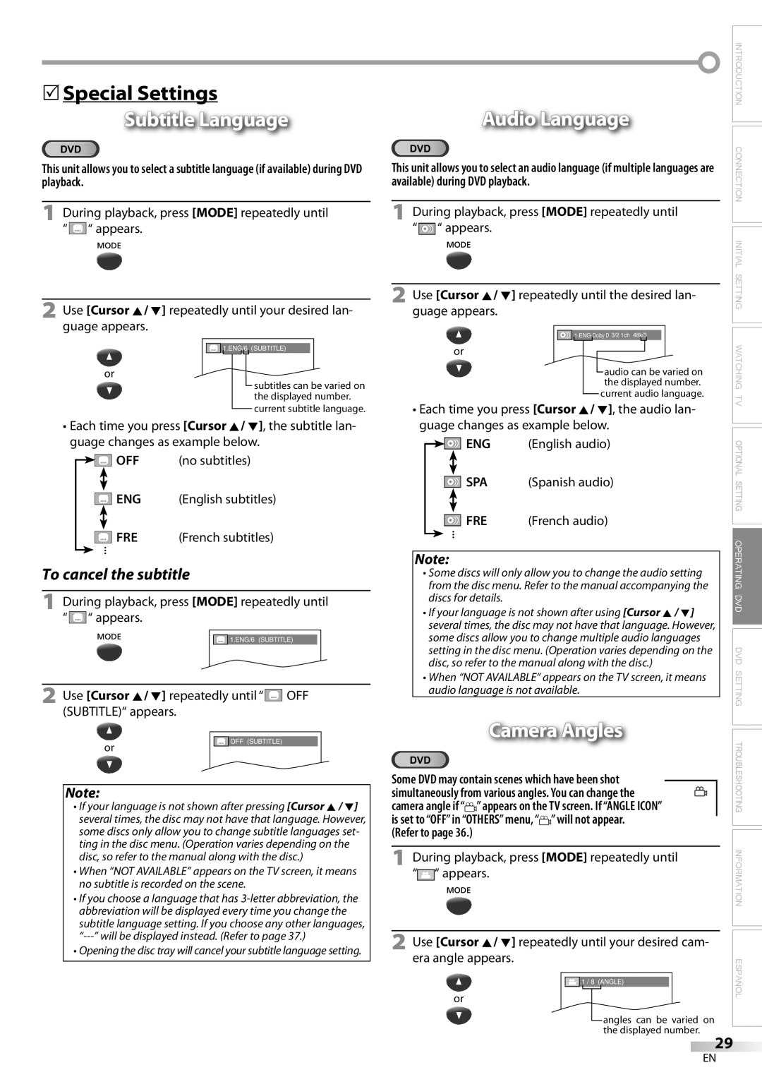 Magnavox CD130MW9 owner manual 5Special Settings, Subtitle Language, Audio Language, Camera Angles 