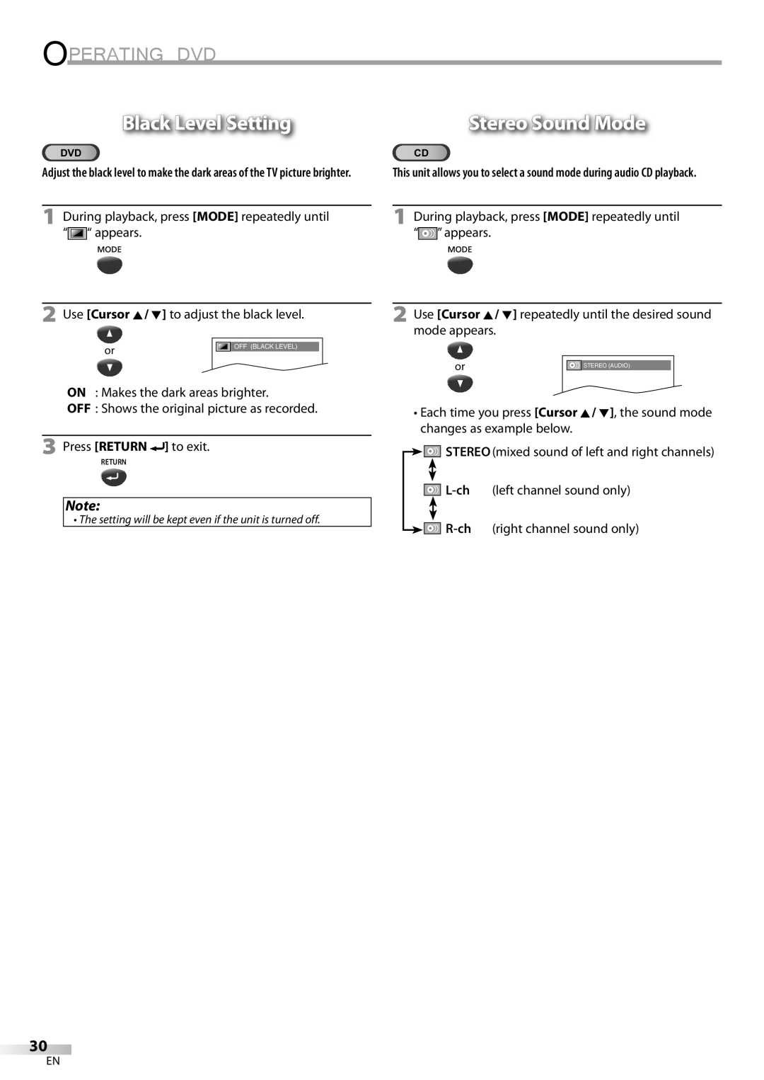 Magnavox CD130MW9 owner manual Black Level Setting, Stereo Sound Mode, Setting will be kept even if the unit is turned off 