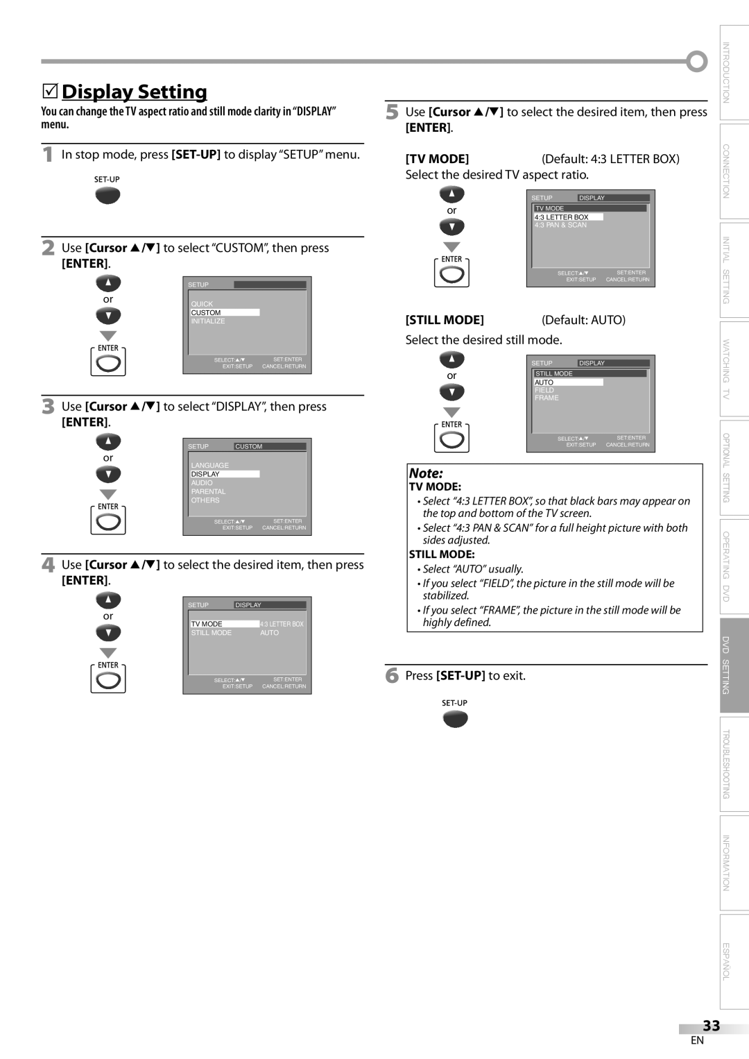 Magnavox CD130MW9 owner manual 5Display Setting, TV Mode, Still Mode 