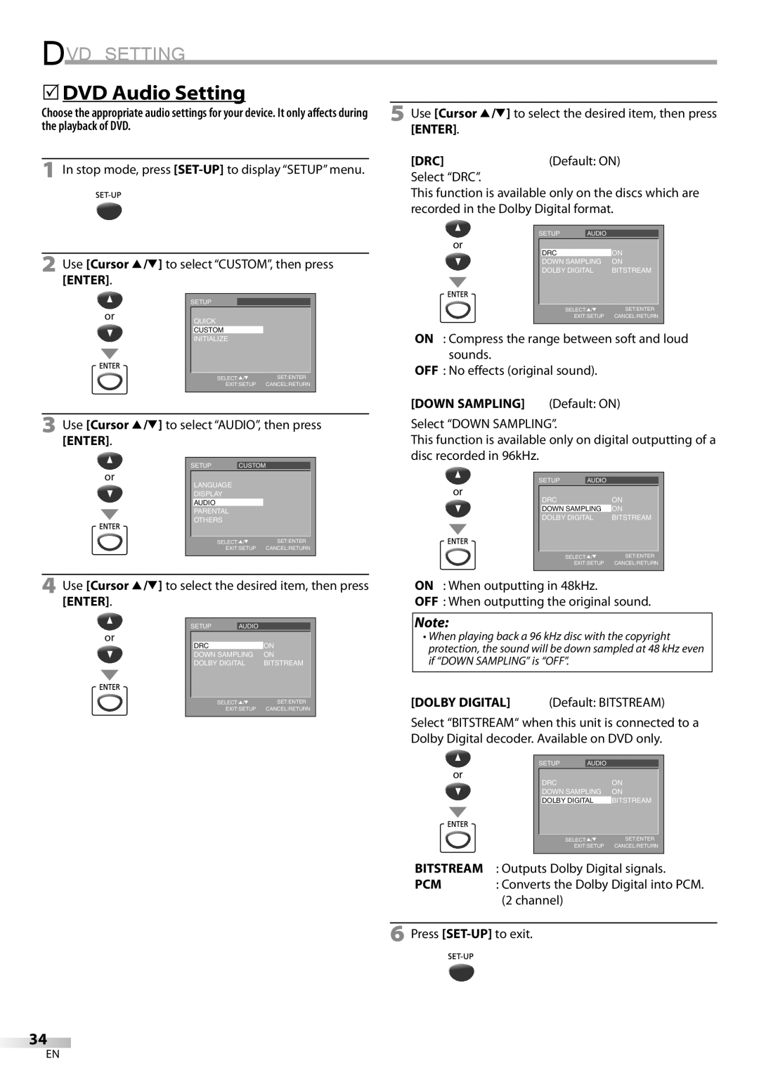 Magnavox CD130MW9 5DVD Audio Setting, Drc, Use Cursor K/L to select AUDIO, then press Enter, Down Sampling Default on 