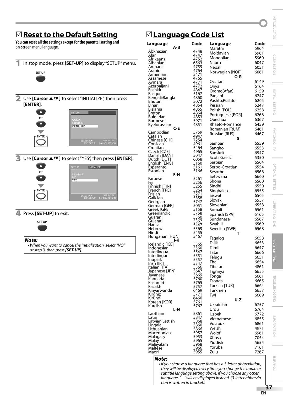 Magnavox CD130MW9 5Reset to the Default Setting 5Language Code List, Use Cursor K/L to select INITIALIZE, then press Enter 