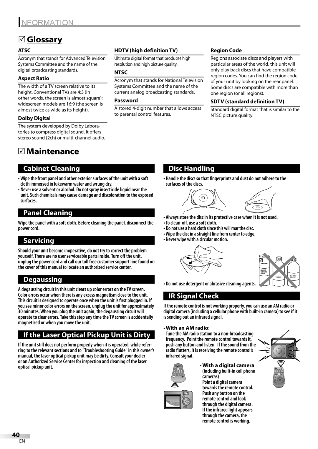 Magnavox CD130MW9 owner manual Information, Glossary, Maintenance, Atsc, Ntsc 