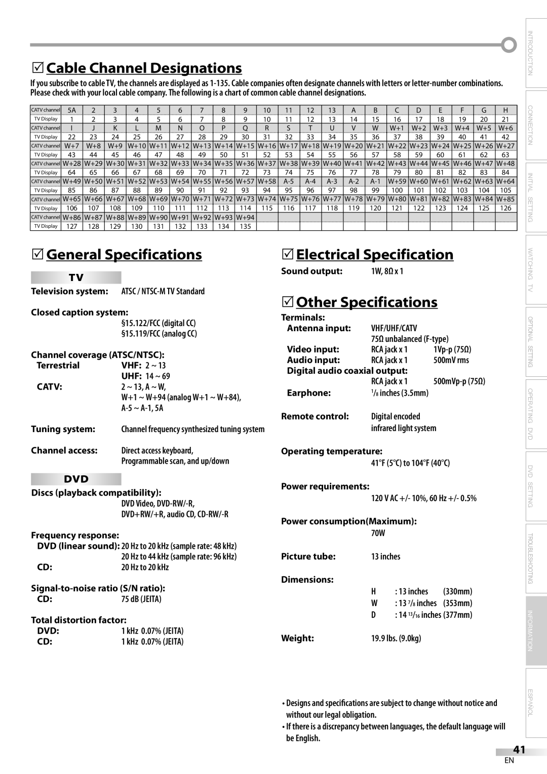 Magnavox CD130MW9 5Cable Channel Designations, 5General Specifications, 5Electrical Specification, 5Other Specifications 