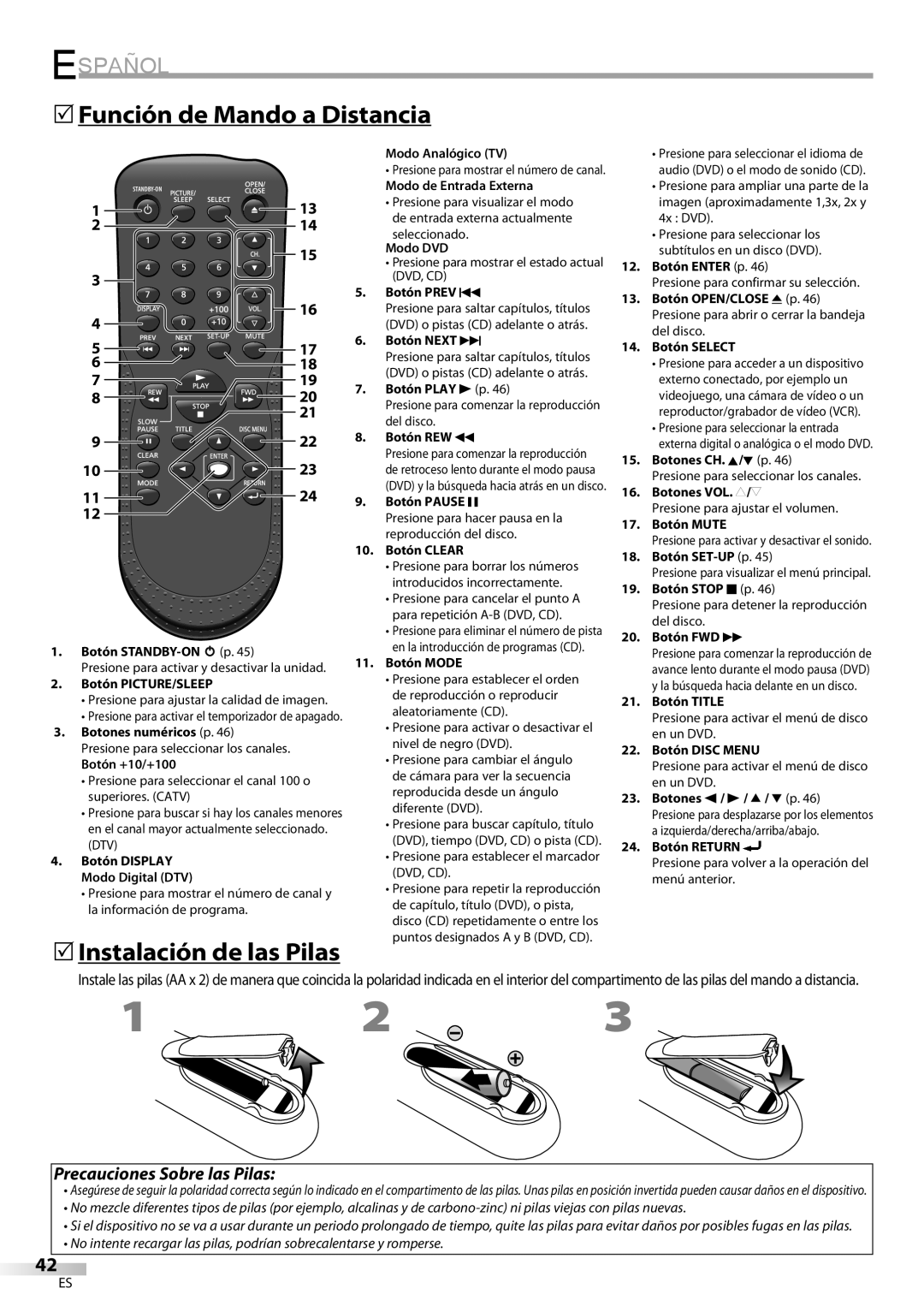 Magnavox CD130MW9 owner manual Español, 5Función de Mando a Distancia 